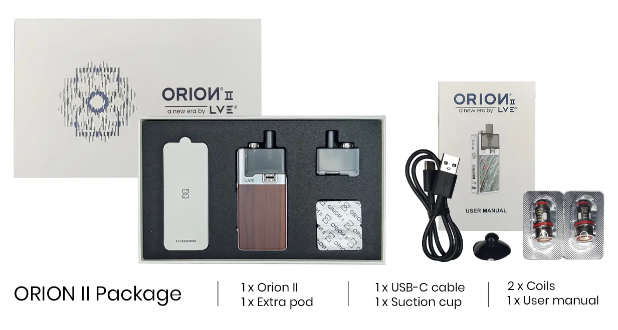 Image showing the box contents of a LVE orion II. Device, 2 coils, 2 spare tanks, usb-c cablem suction cup and user manual